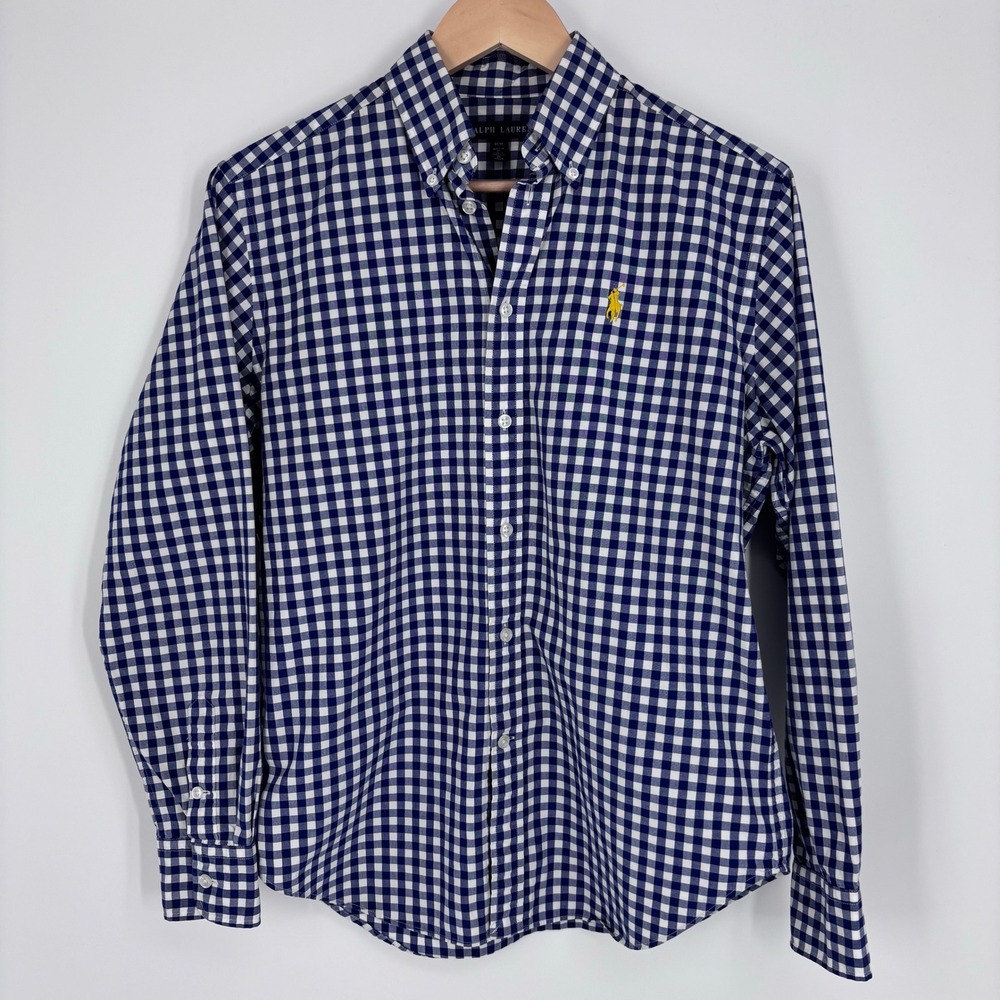 Ralph Lauren Boyfriend Button Down Shirt Womens M Blue Gingham Check Preppy Pony